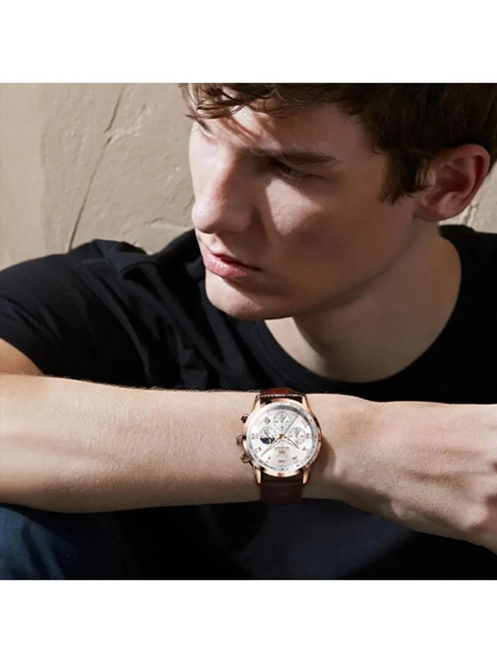 Men's Brown White Leather Analog Quartz Luxury Chronograph Waterproof Wristwatch